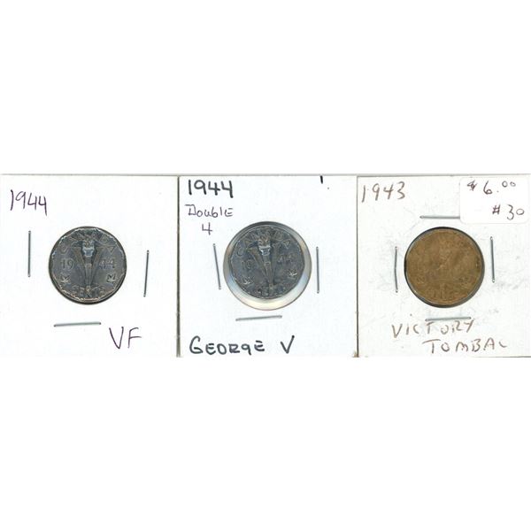 (3) George VI Five Cent Coins 1943 + 1944 (VF) (Victory Tombac) (Double 4)
