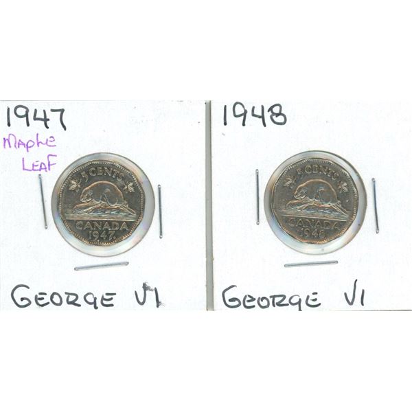 (2) George VI Five Cent Coin 1947 + 1948 (Maple Leaf)