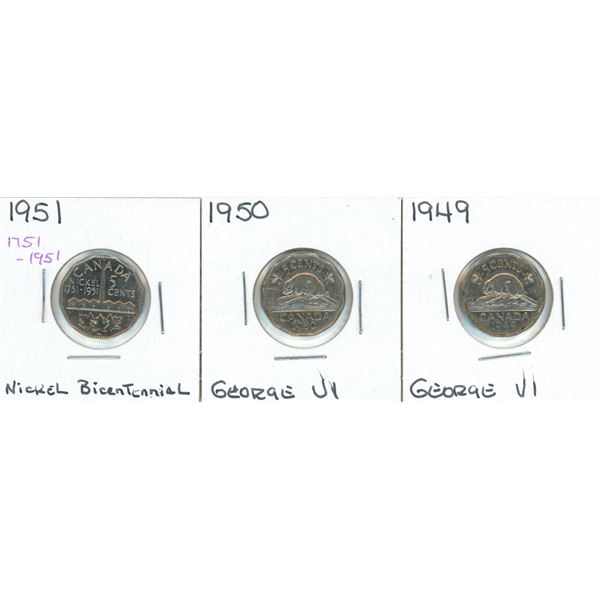 (3) George VI Five Cent Coins 1949-1951 (Nickel Bicentennial)