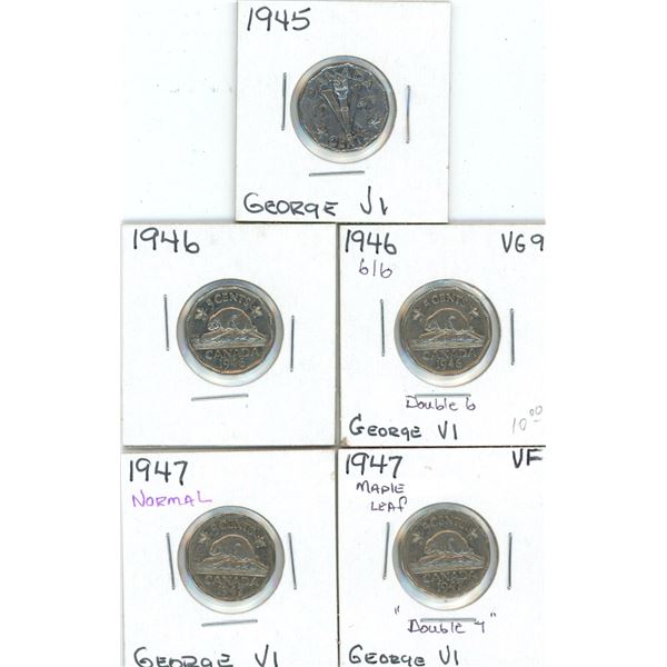 (5) George VI Five Cent Coins 1945-1947