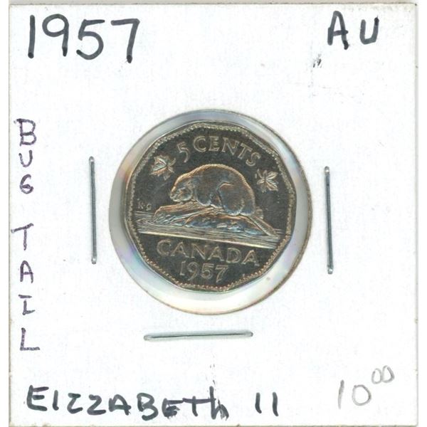 1957 Elizabeth II Five Cent Coin (AU) (Bug Tail)