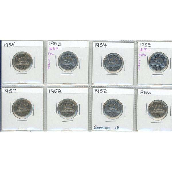 (8) Canadian Five Cent Coins 1952-1958 (Elizabeth II +  George VI)