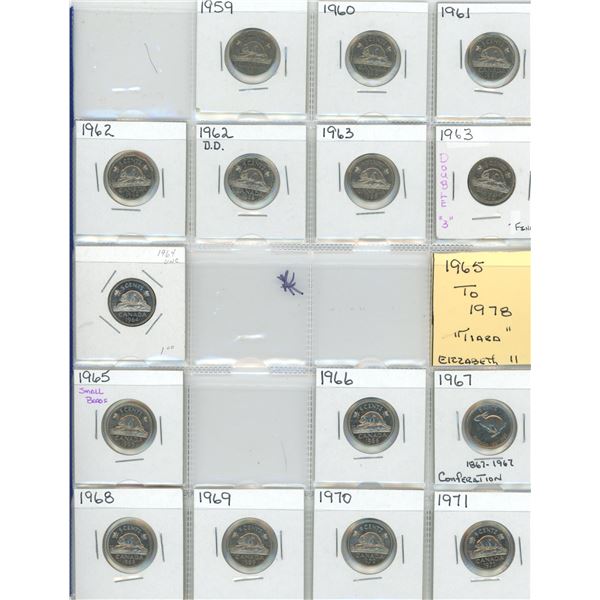 Sheet Of Canadian Five Cent Coins 1959-1971 (15)