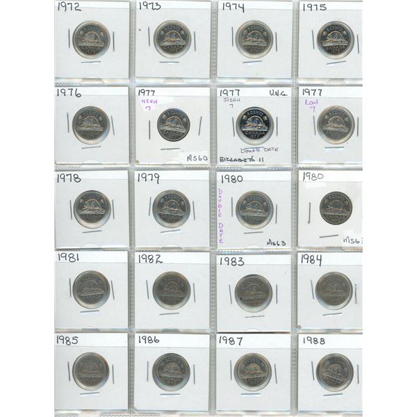 Sheet Of Canadian Five Cent Coins 1972-1988 (20)