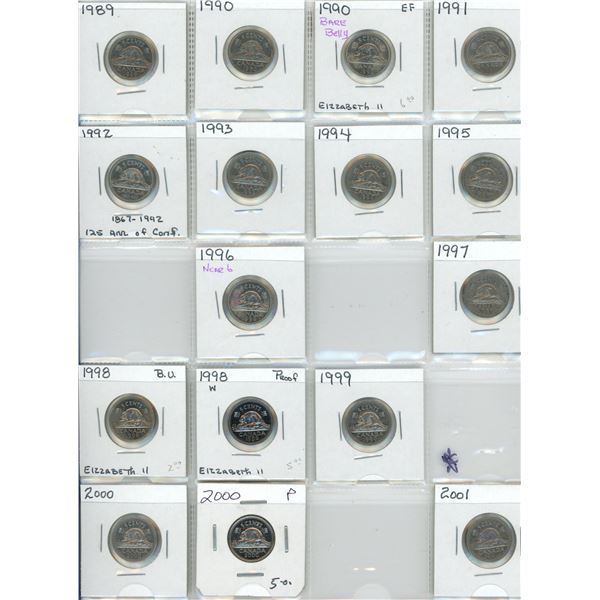 Sheet Of Canadian Five Cent Coins 1989-2001 (16)