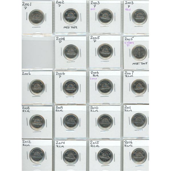 Sheet Of Canadian Five Cent Coins 2001-2016 (Missing 2013) (19)