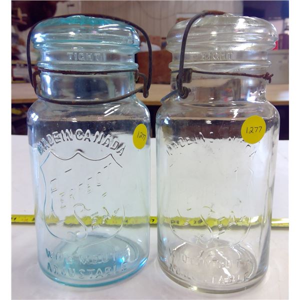 2 - Glass Jars with Lids - Perfect Seal - 1 Blue Glass