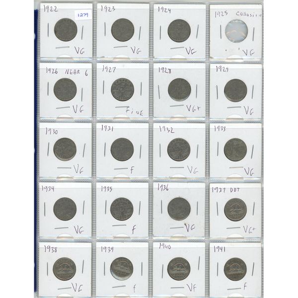 Sheet of 19 Canadian Nickels - 1922-1941 - missing 1925