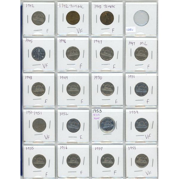 Sheet of 19 Canadian Nickels - 1942-1958 - missing 1944