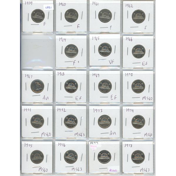 Sheet of 19 Canadian Nickels - 1959-1978 - missing 1963