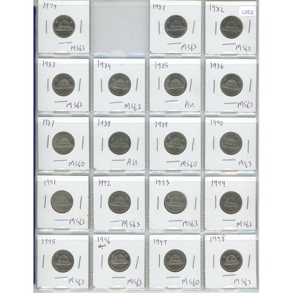 Sheet of 19 Canadian Nickels - 1979-1998 - missing 1980