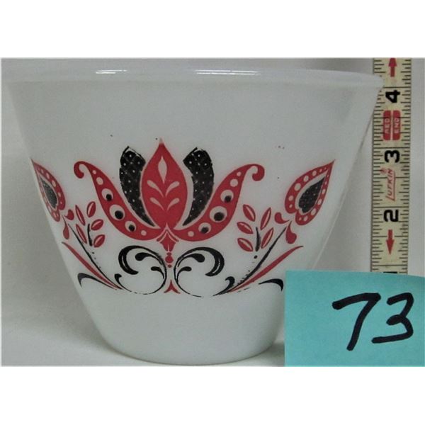 rare 5.5" D X 4" H splash proof Fire King ovenware white milk glass bowl with black & red Tulip patt