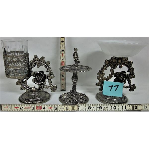 3 piece ornate brass bathroom soap dish, glass holder, tooth brush holder
