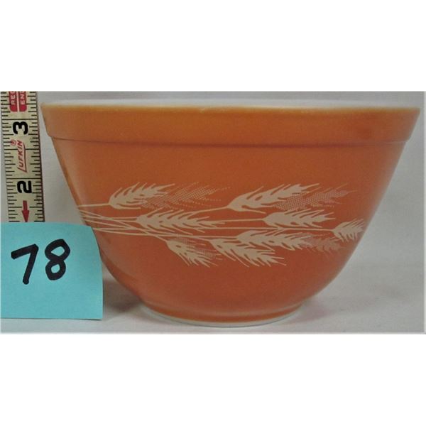 vintage 5.5" W X 3.24"  Pyrex burnt orange bowl with autumn wheat patterns
