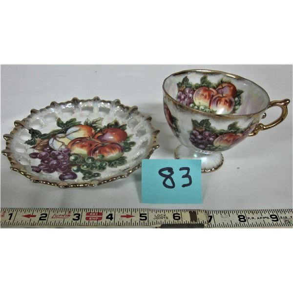 Tea cup footed & Lusterware saucer fruit basket gold trim marked Shafford hand decorated - Japan