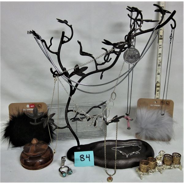 vintage bronze? Metal 15" X 14" jewellery display tree with assorted costume necklaces & accessories