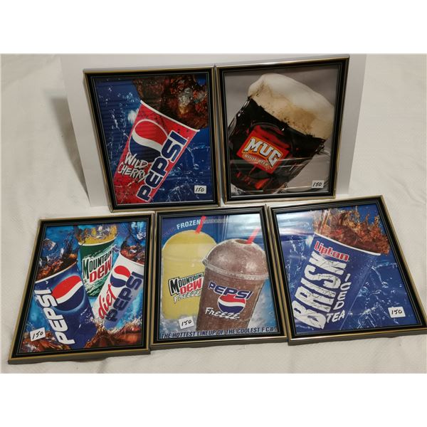 5 framed 9" X 11" Pepsi original ads