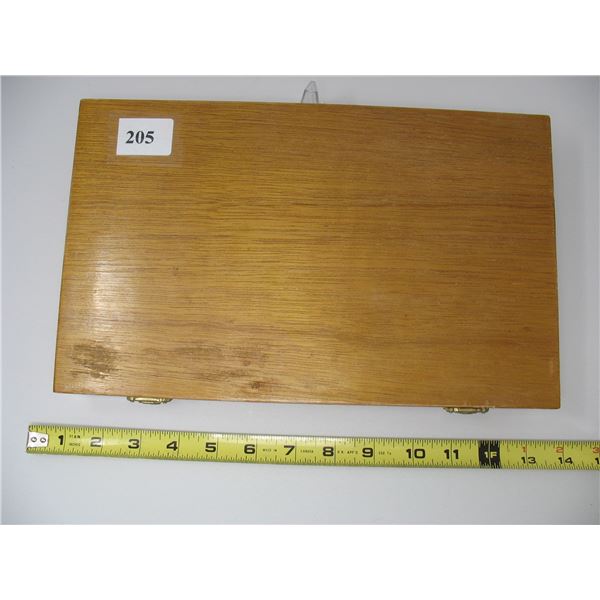 Wooden Display Box plus various items - Military Buttons - Badges - Pins