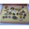 Image 2 : Wooden Display Box plus various items - Military Buttons - Badges - Pins
