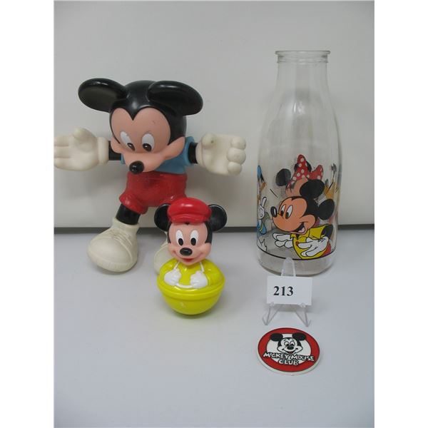 MICKEY MOUSE  LOT - Bottle,  Mickey Mouse Club Pin,  Doll and Baby Rolly Polly