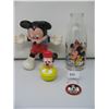 Image 1 : MICKEY MOUSE  LOT - Bottle,  Mickey Mouse Club Pin,  Doll and Baby Rolly Polly
