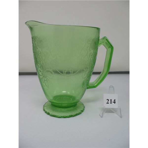 GREEN DEPRESSION GLASS PITCHER - FLORINTINE PATTERN - No Cracks or Chips