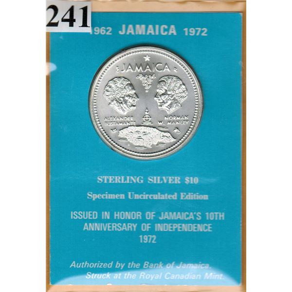 1972 JAMAICA $10 STERLING SILVER SPECIMEN COIN - Actual Silver Weight  1.4631 Oz