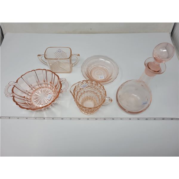 2 Bowls, sugar, creamer, decanter pink depression glass