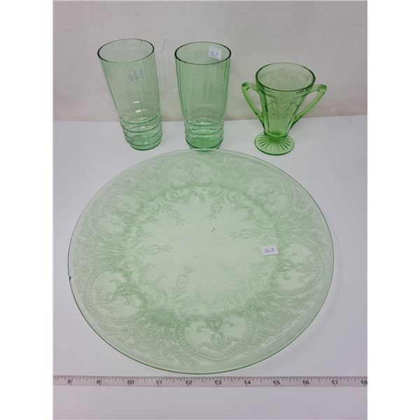 2 glasses, sugar bowl, large plate, green depression glass