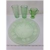 Image 1 : 2 glasses, sugar bowl, large plate, green depression glass