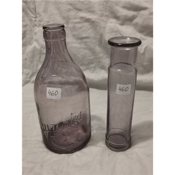 Purple Laurentia milk bottle & purple chemistry container