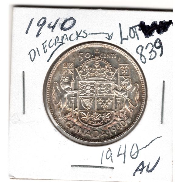 839 1940 FIFTY CENTS WITH DIE CRACKS ALONG LETTERING