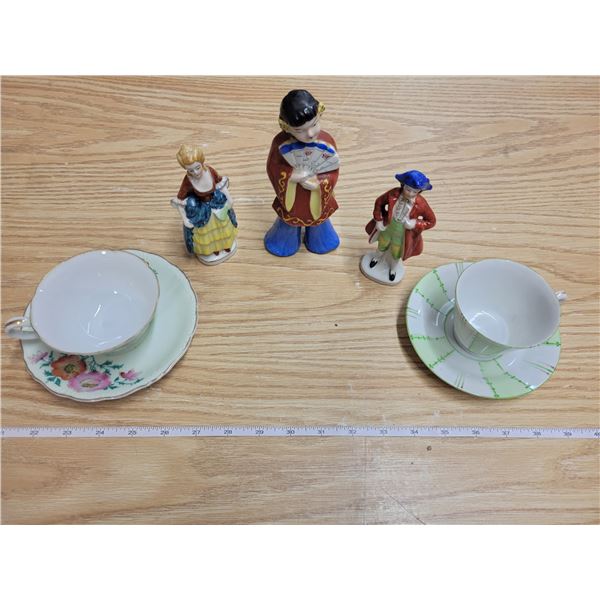 Two Occupied Japan cup/saucers, tall figurine, other two Japan made