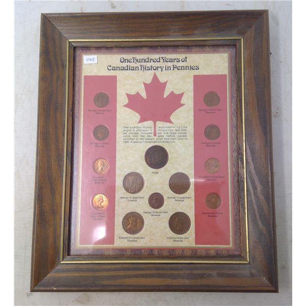 One Hundred Years of Canadian History in Pennies. Framed collection of 4 Canadian Large Cents, 1 Pro