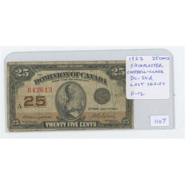 1923 25 cents Shinplaster. Campbell-Clark signatures. DC-24d. The fourth and last series of the 1923