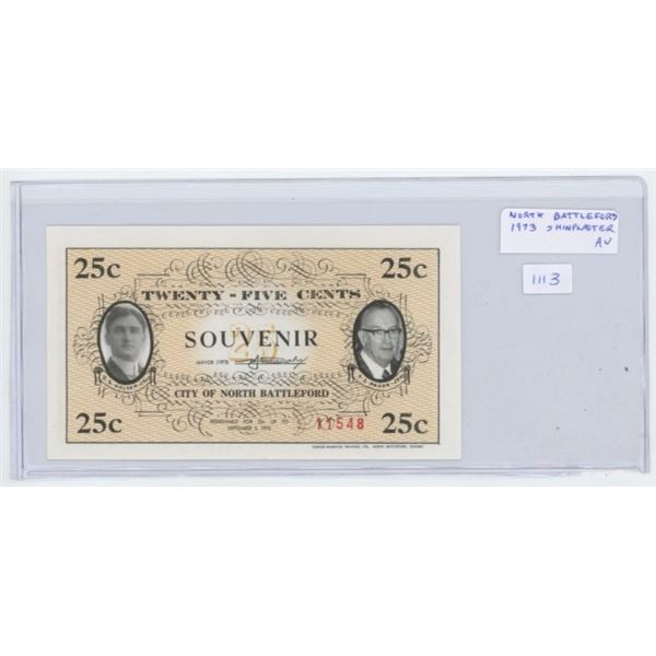 1973 North Battleford, Saskatchewan 25 cents Shinplaster Scrip. AU. Nice.