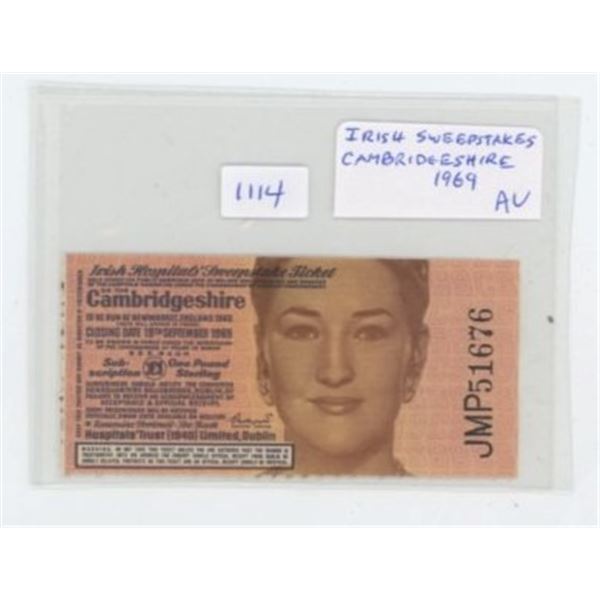 Irish Sweepstakes Ticket from 1969. Issued in Cambridgeshire. AU. Nice.