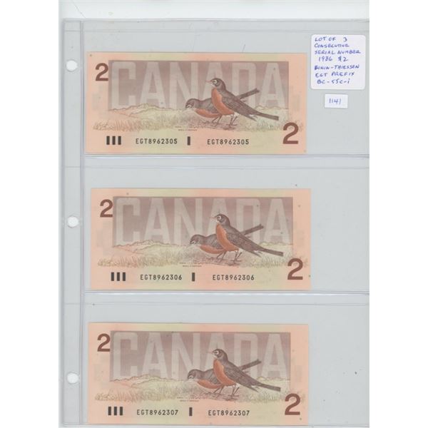 Lot of 3 Consecutive Serial Number 1986 $2 notes. Bonin-Thiessen signatures. EGT Prefix. Serial Numb