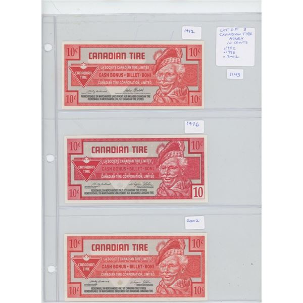 Lot of 3 Canadian Tire Money Scrip. 1992 10 cents, 1996 10 cents, 2002 10 cents. AU. Nice.