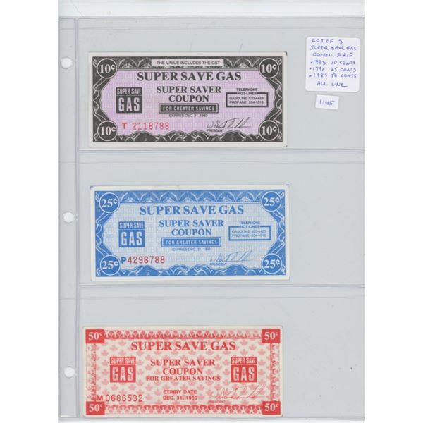 Lot of 3 Super Save Gas Coupon Scrip. 1993 10 cents, 1991 25 cents, 1989 50 cents. All Unc. Nice.