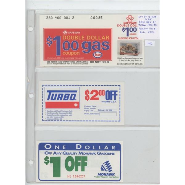 Lot of 3 Gas Coupon Scrip: Includes ESSO 1984 $1, Turbo 1992 $2, & Mohawk 1992 $1. All Unc. Nice.