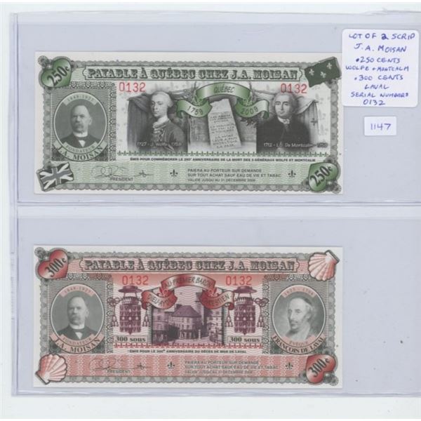 Lot of 2 J.A. Moisan Quebec City Scrip. 2009 250 Cents depicts Generals Wolfe & Montcalme, and 2008 