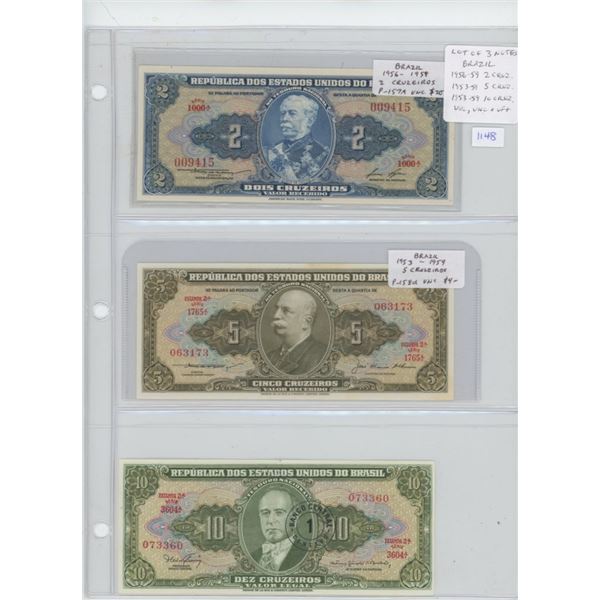 Lot of 3 Brazil notes. 1956-1959 2 Cruzeiros, 1953-1959 5 Cruzeiros, and 1953-1959 10 Cruzeiros. 2 n