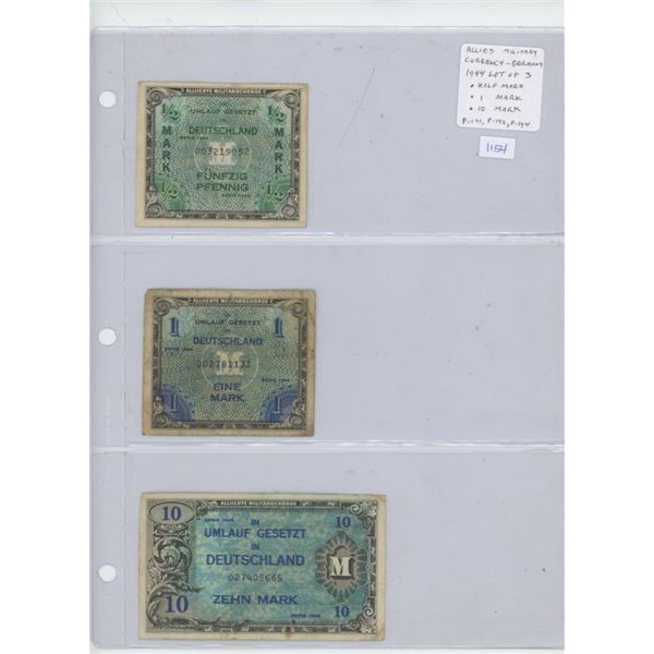 Lot of 3 Allied Military Currency issued for use in Germany under Allied occupation. All are dated 1