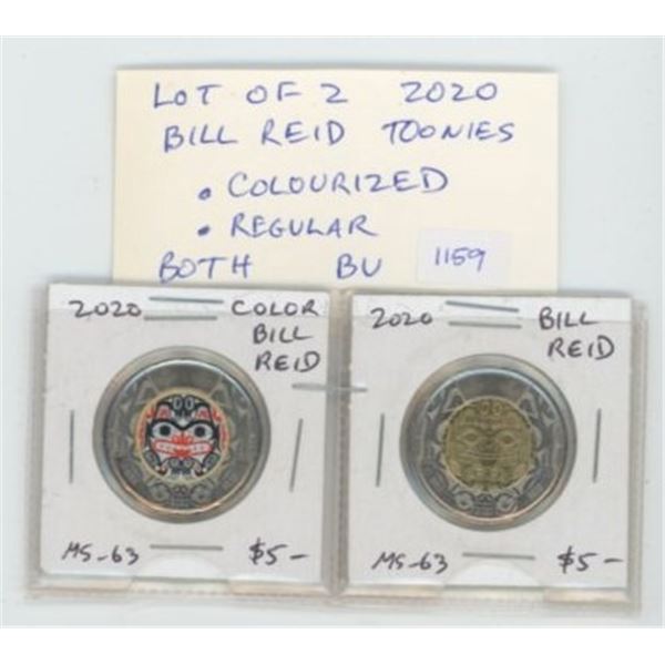 Lot of 2 2020 Bill Reid Toonies. Celebrated Aboriginal artist includes Colourized and Regular Toonie