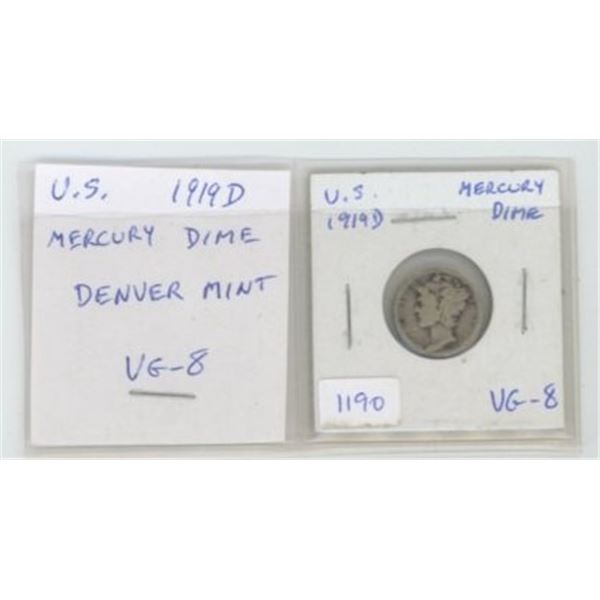 U.S. 1919D Silver Mercury Dime. Denver Mint. VG-8.