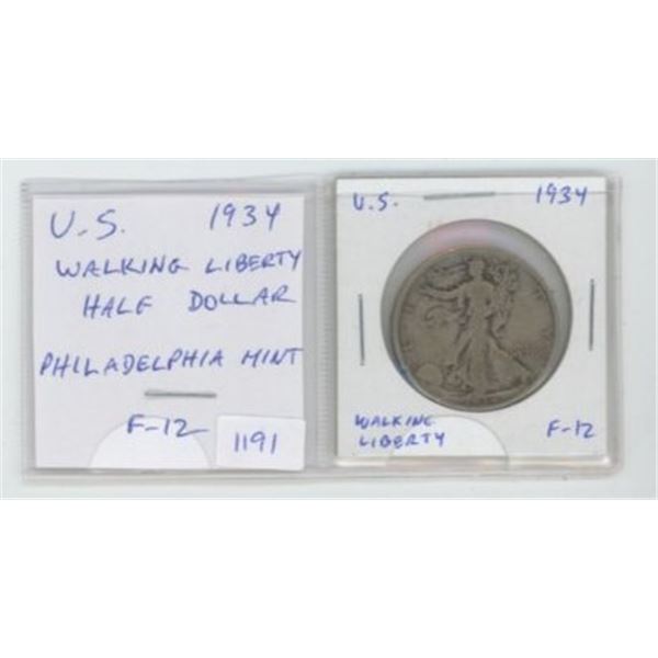 U.S. 1934 Silver Walking Liberty Half Dollar. Philadelphia Mint. F-12.