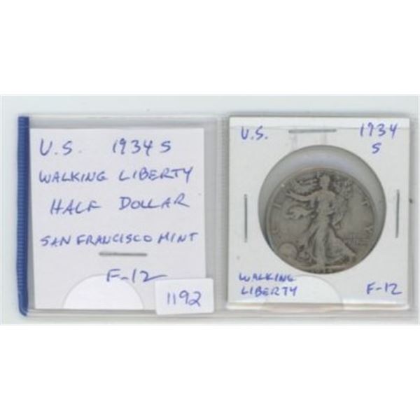 U.S. 1934S Silver Walking Liberty Half Dollar. San Francisco Mint. F-12.