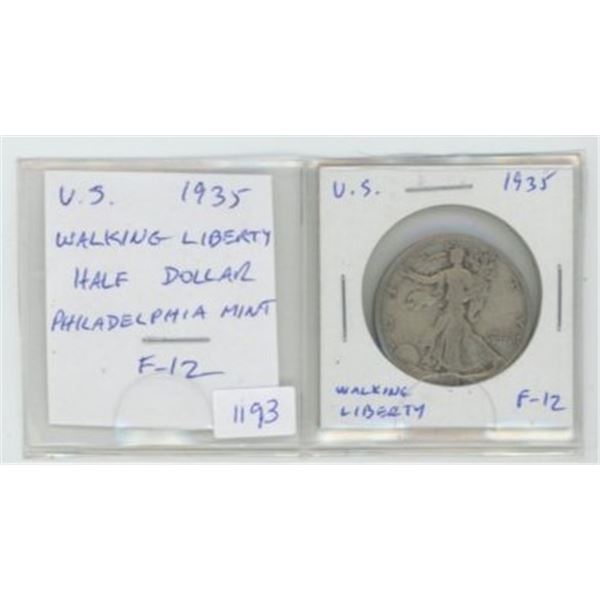 U.S. 1935 Silver Walking Liberty Half Dollar. Philadelphia Mint. F-12.