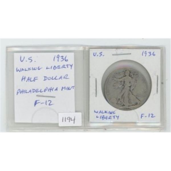 U.S. 1936 Silver Walking Liberty Half Dollar. Philadelphia Mint. F-12.